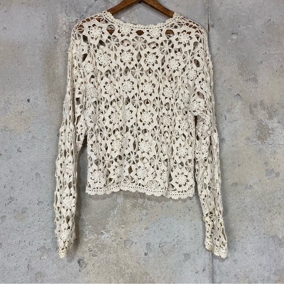 Vintage crochet knit beige cream lace doilie button up cardigan small medium - Picture 4 of 7